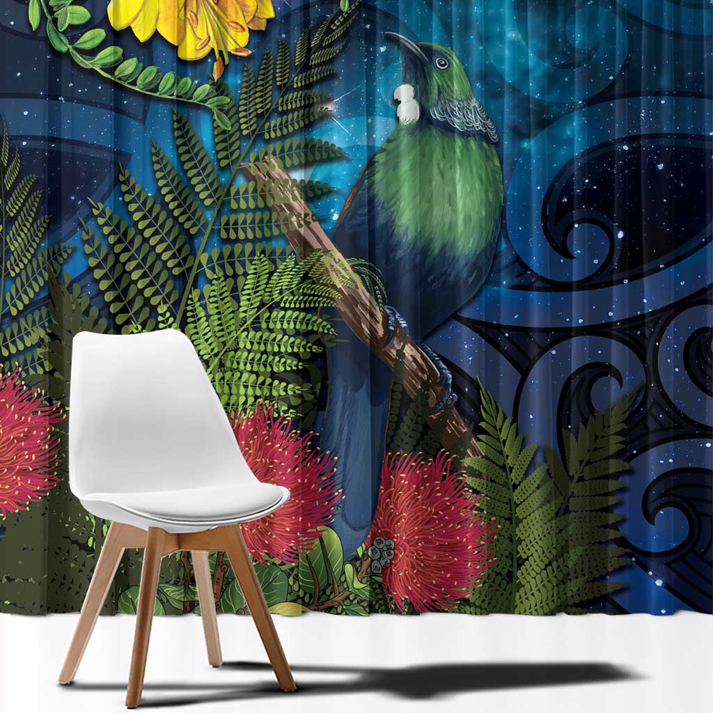 Tui Bird New Zealand Starry Sky Window Curtain Maori Koru LT7 - Polynesian Pride