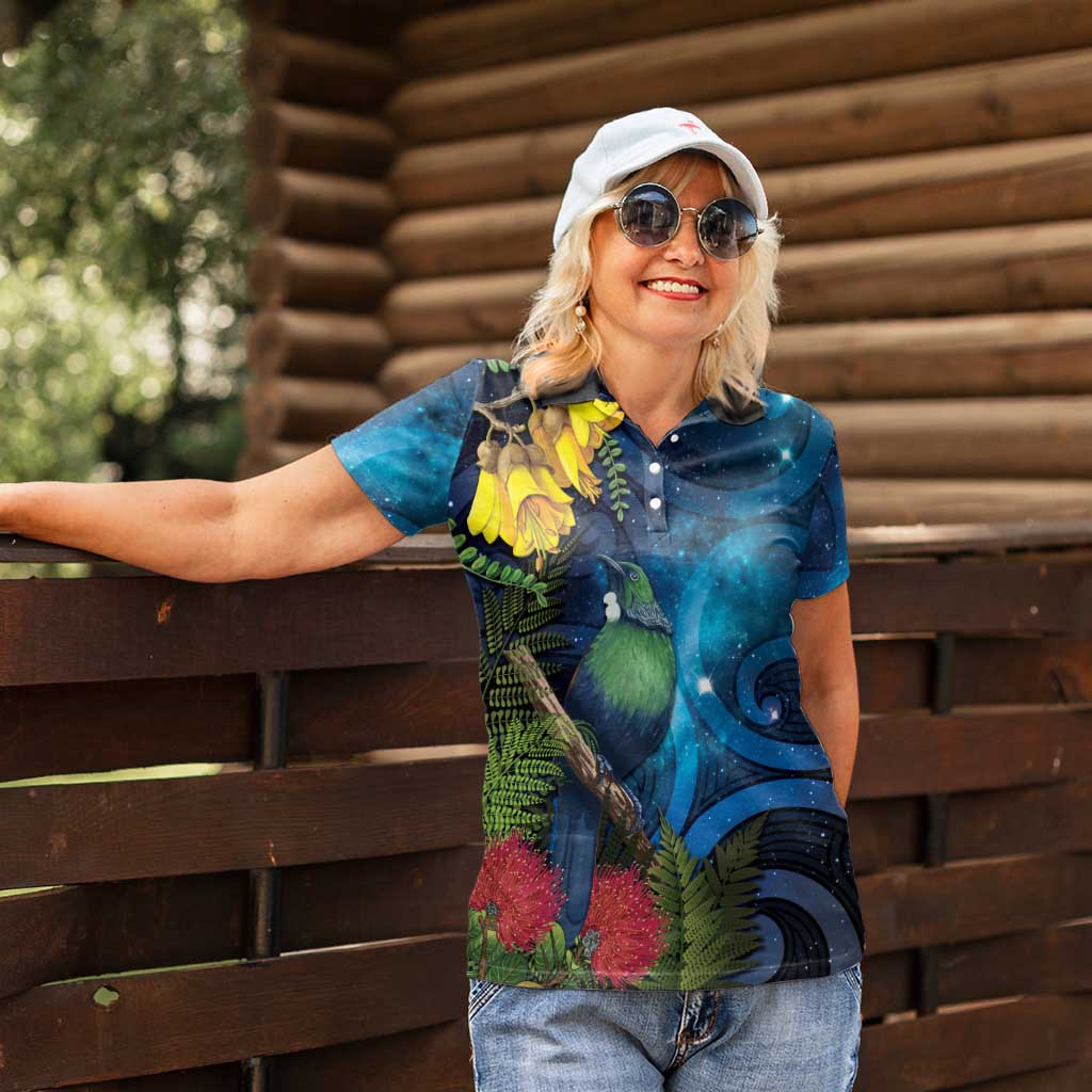 Tui Bird New Zealand Starry Sky Women Polo Shirt Maori Koru