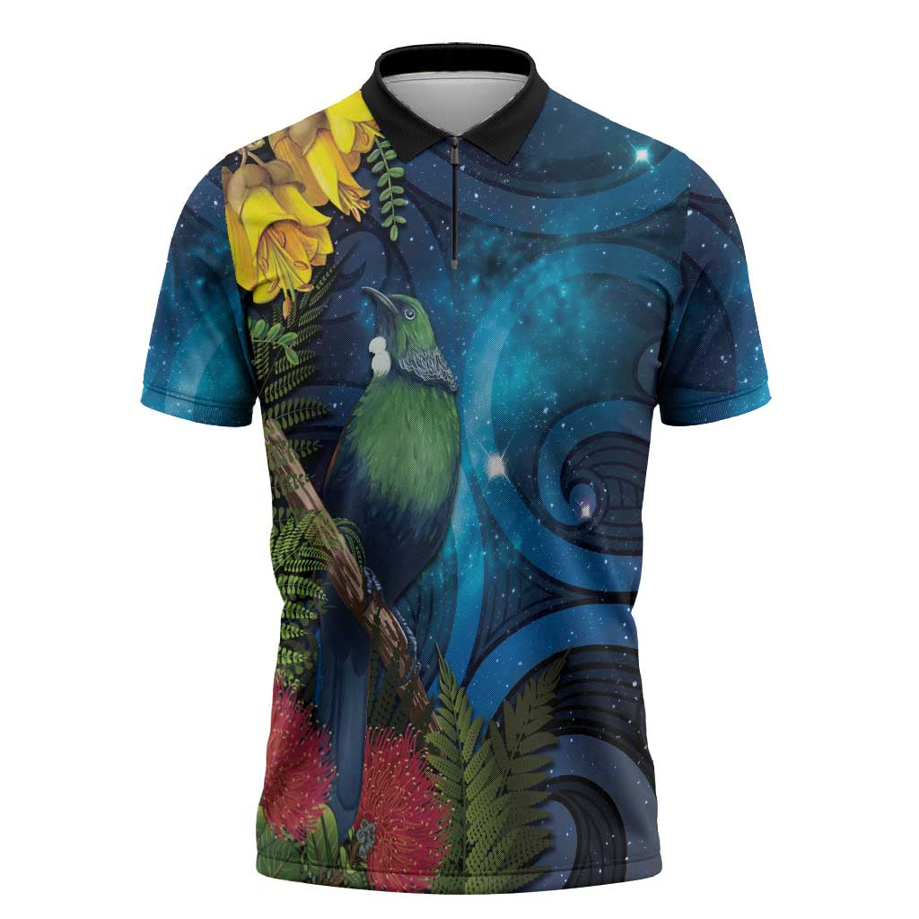 Tui Bird New Zealand Starry Sky Zipper Polo Shirt Maori Koru LT7 Galaxy - Polynesian Pride