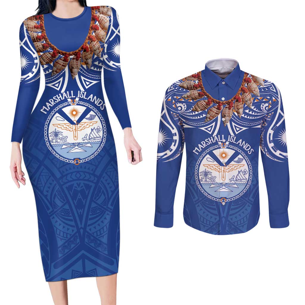 Yokwe Marshall Islands Personalized Couples Matching Long Sleeve Bodycon Dress and Long Sleeve Button Shirt Jemenei Day - Seashell Necklace