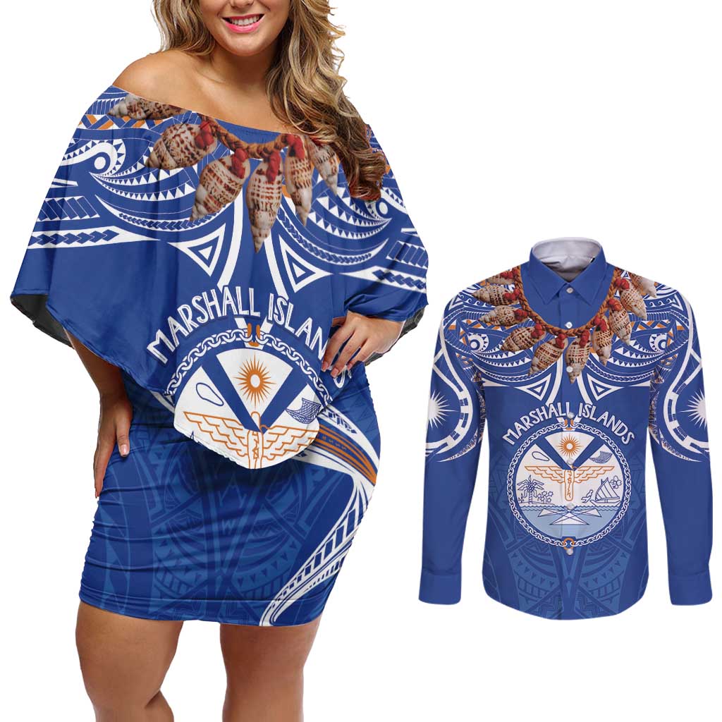 Yokwe Marshall Islands Personalized Couples Matching Off Shoulder Short Dress and Long Sleeve Button Shirt Jemenei Day - Seashell Necklace