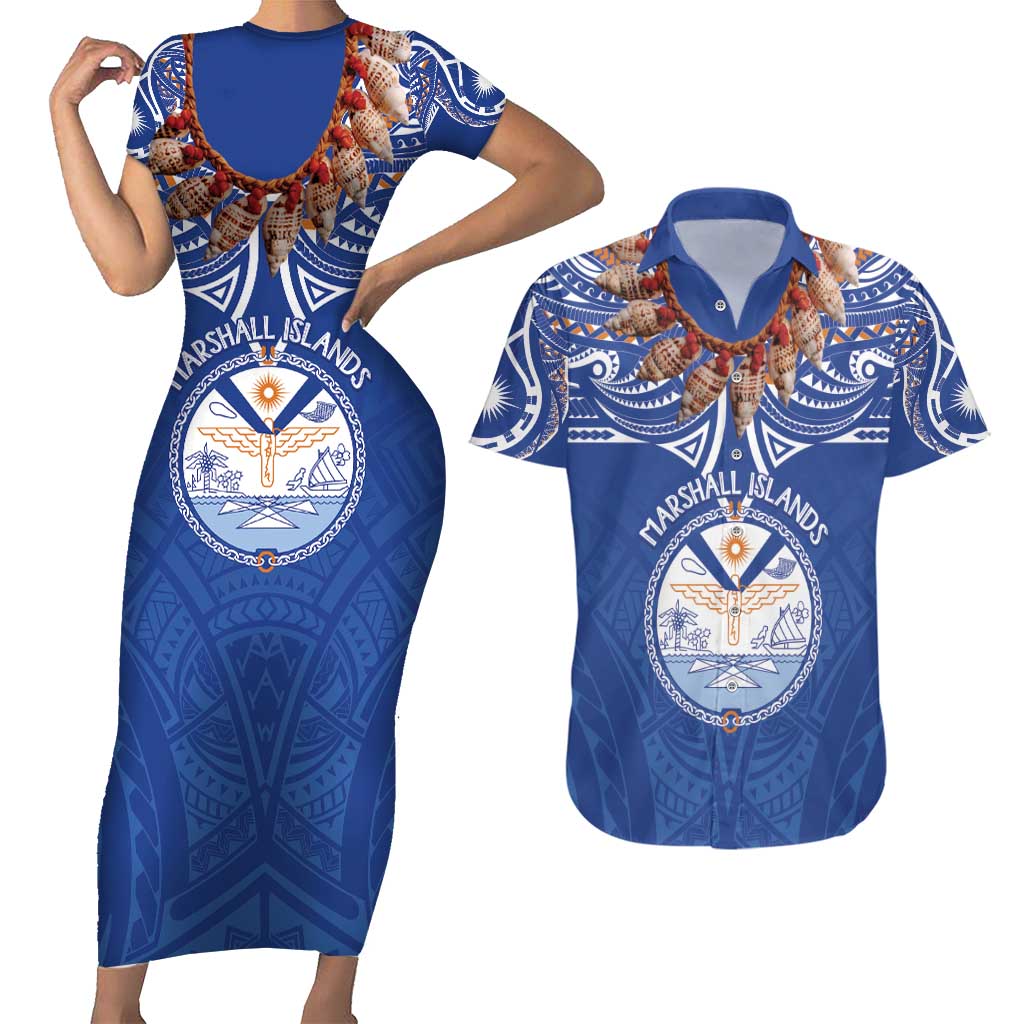 Yokwe Marshall Islands Personalized Couples Matching Short Sleeve Bodycon Dress and Hawaiian Shirt Jemenei Day - Seashell Necklace