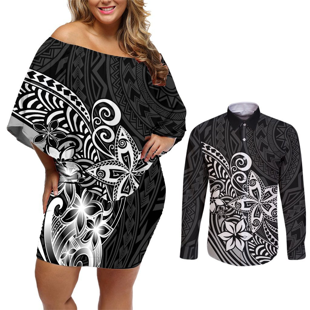Polynesia Couples Matching Off Shoulder Short Dress and Long Sleeve Button Shirts Plumeria Black Curves LT7 Black - Polynesian Pride