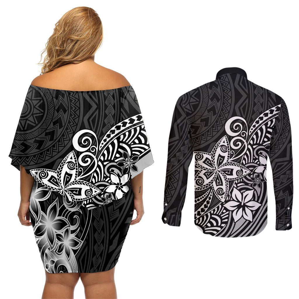 Polynesia Couples Matching Off Shoulder Short Dress and Long Sleeve Button Shirts Plumeria Black Curves LT7 - Polynesian Pride