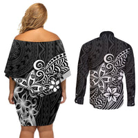 Polynesia Couples Matching Off Shoulder Short Dress and Long Sleeve Button Shirts Plumeria Black Curves LT7 - Polynesian Pride