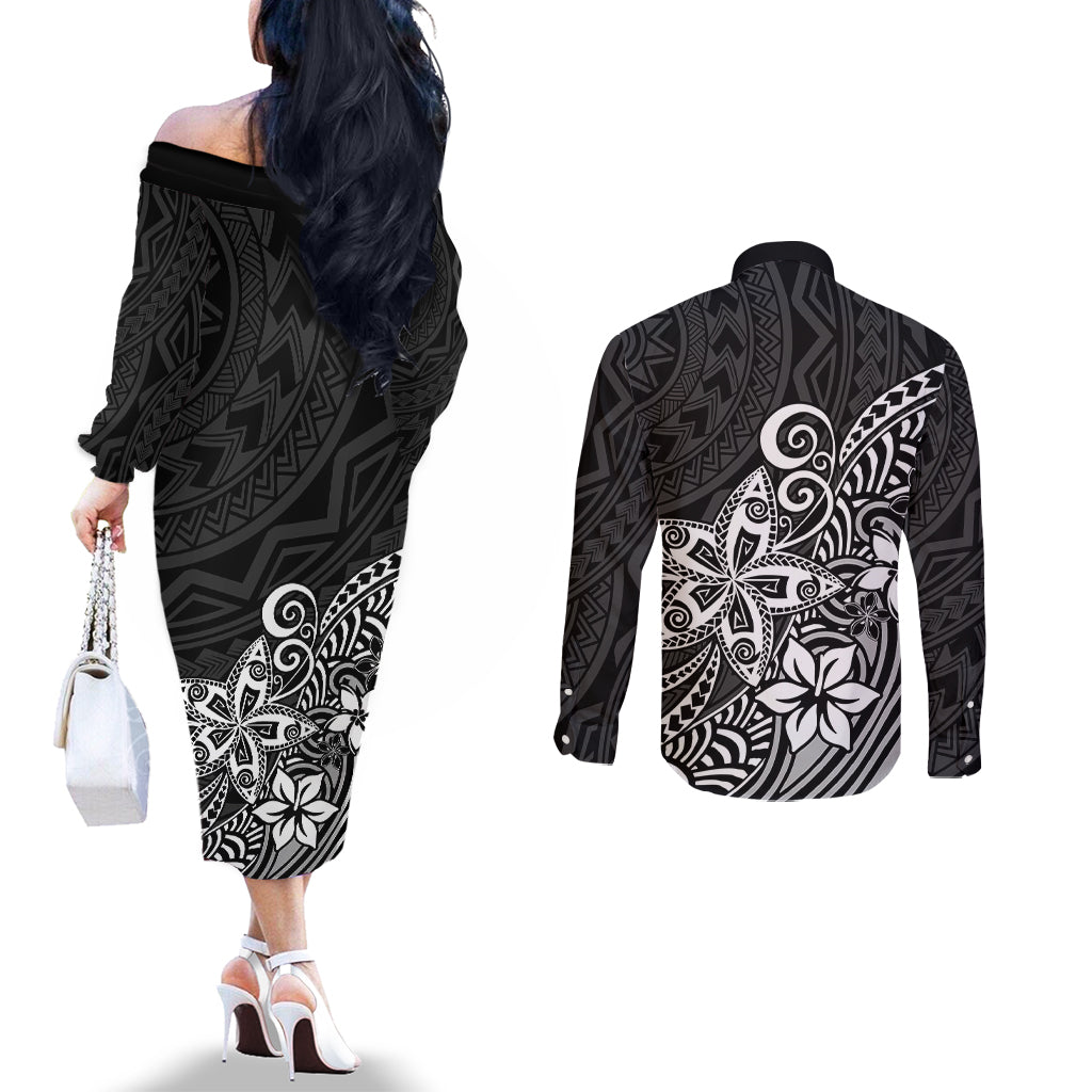 Polynesia Couples Matching Off The Shoulder Long Sleeve Dress and Long Sleeve Button Shirts Plumeria Black Curves LT7 - Polynesian Pride