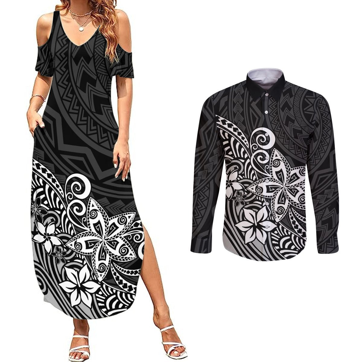 Polynesia Couples Matching Summer Maxi Dress and Long Sleeve Button Shirts Plumeria Black Curves LT7 Black - Polynesian Pride