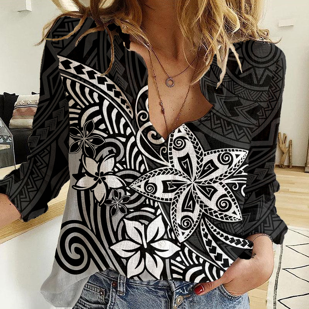 Polynesia Women Casual Shirt Plumeria Black Curves LT7 Female Black - Polynesian Pride