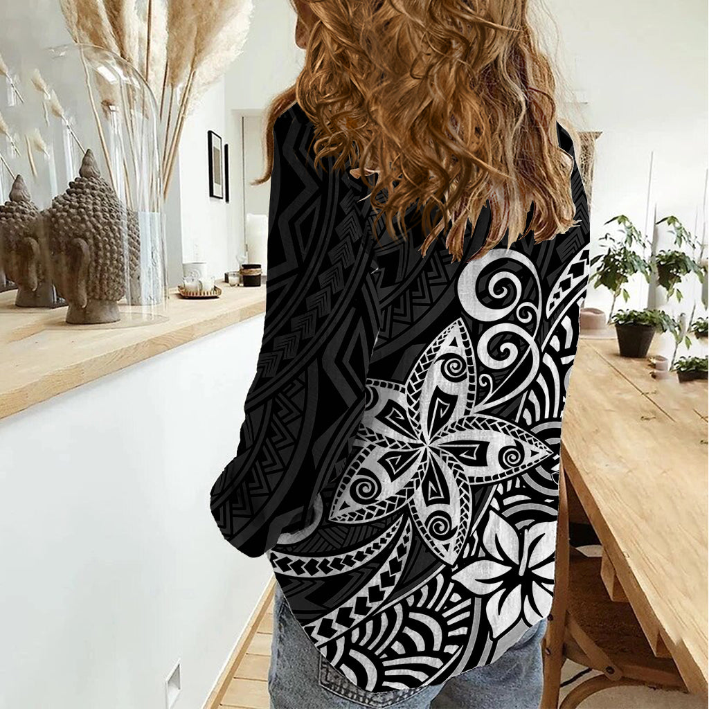 Polynesia Women Casual Shirt Plumeria Black Curves LT7 - Polynesian Pride