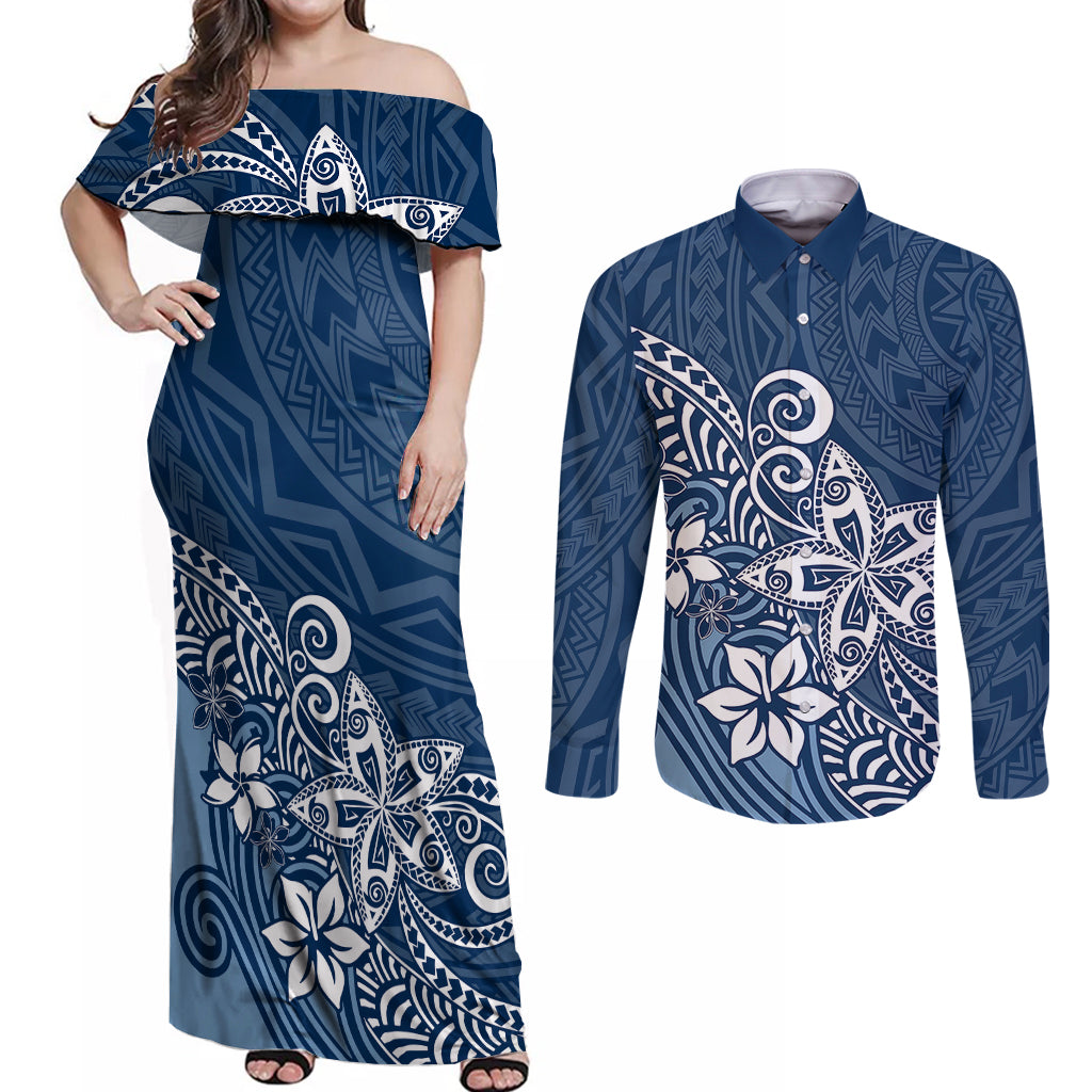 Polynesia Couples Matching Off Shoulder Maxi Dress and Long Sleeve Button Shirts Plumeria Blue Curves LT7 Blue - Polynesian Pride