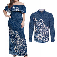 Polynesia Couples Matching Off Shoulder Maxi Dress and Long Sleeve Button Shirts Plumeria Blue Curves LT7 Blue - Polynesian Pride