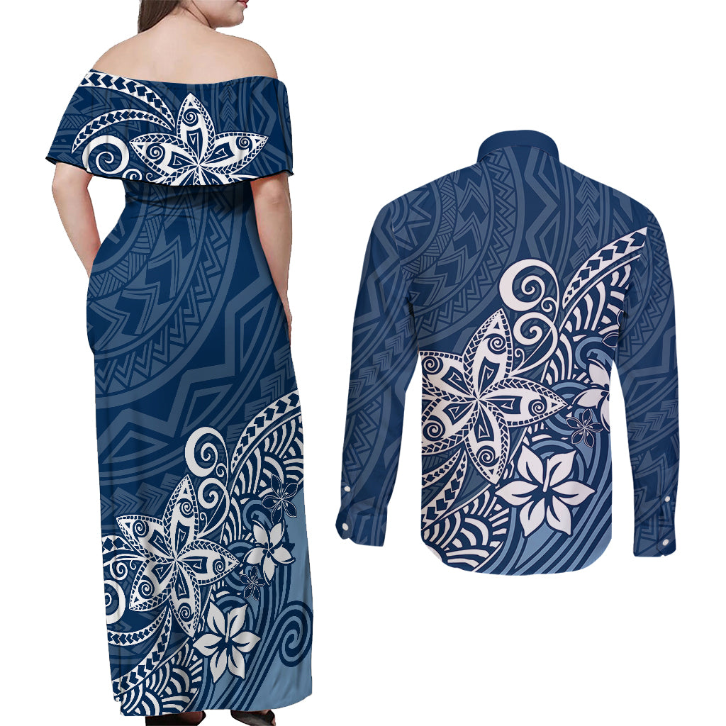 Polynesia Couples Matching Off Shoulder Maxi Dress and Long Sleeve Button Shirts Plumeria Blue Curves LT7 - Polynesian Pride