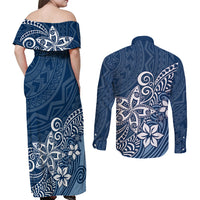 Polynesia Couples Matching Off Shoulder Maxi Dress and Long Sleeve Button Shirts Plumeria Blue Curves LT7 - Polynesian Pride