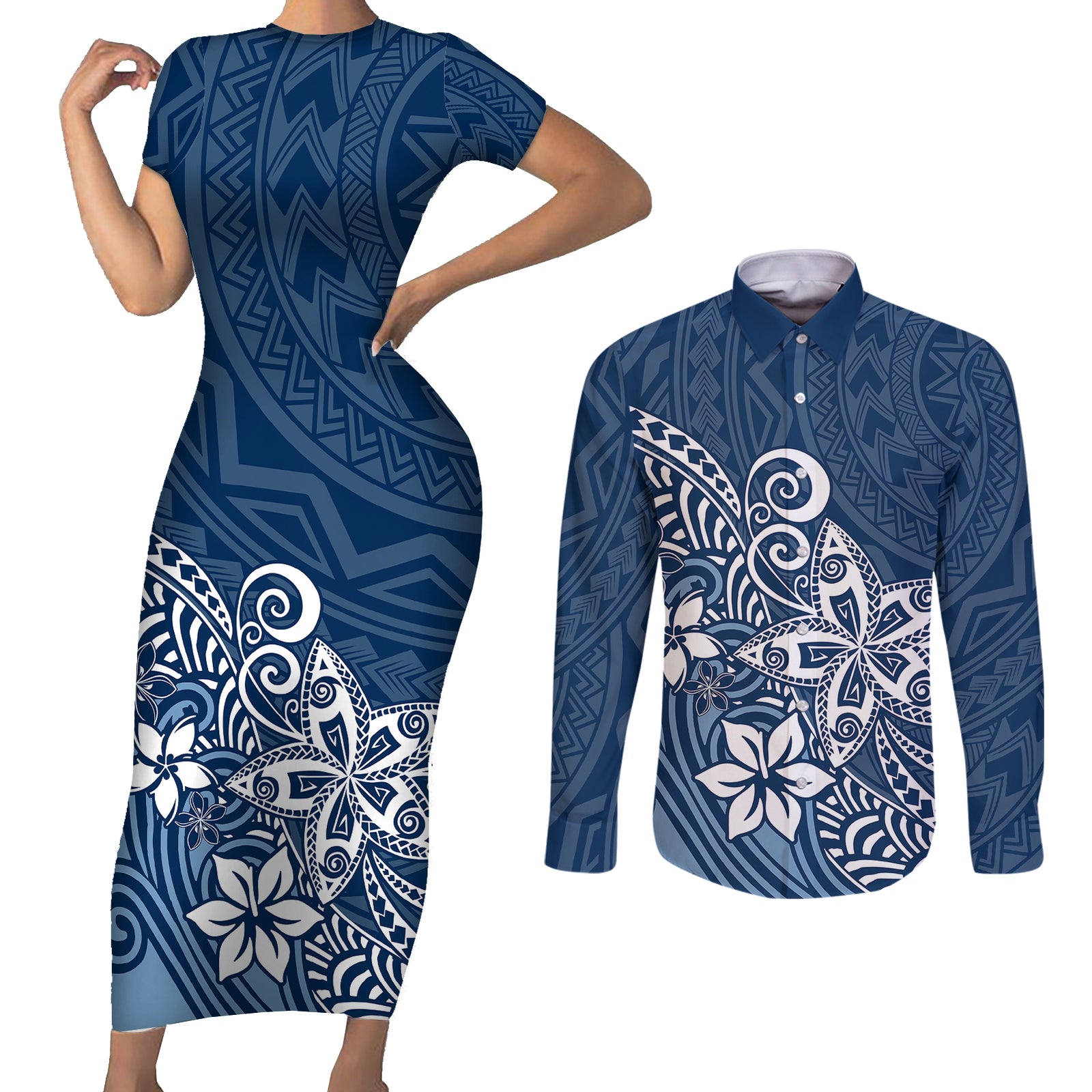 Polynesia Couples Matching Short Sleeve Bodycon Dress and Long Sleeve Button Shirts Plumeria Blue Curves LT7 Blue - Polynesian Pride