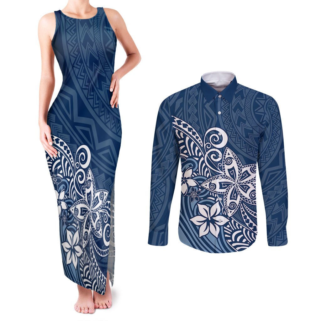 Polynesia Couples Matching Tank Maxi Dress and Long Sleeve Button Shirts Plumeria Blue Curves LT7 Blue - Polynesian Pride