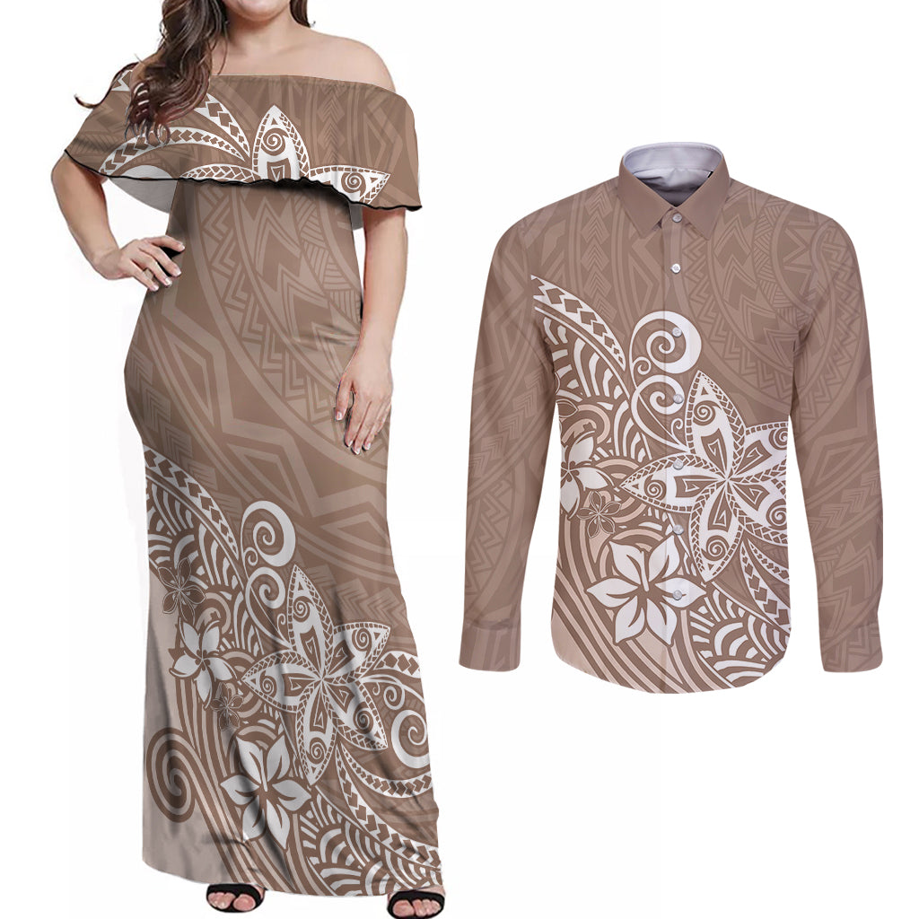 Polynesia Couples Matching Off Shoulder Maxi Dress and Long Sleeve Button Shirts Plumeria Beige Curves LT7 Beige - Polynesian Pride