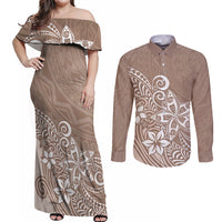 Polynesia Couples Matching Off Shoulder Maxi Dress and Long Sleeve Button Shirts Plumeria Beige Curves LT7 Beige - Polynesian Pride