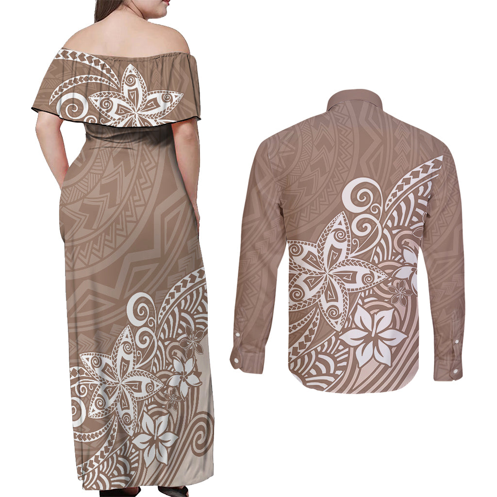Polynesia Couples Matching Off Shoulder Maxi Dress and Long Sleeve Button Shirts Plumeria Beige Curves LT7 - Polynesian Pride