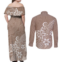 Polynesia Couples Matching Off Shoulder Maxi Dress and Long Sleeve Button Shirts Plumeria Beige Curves LT7 - Polynesian Pride