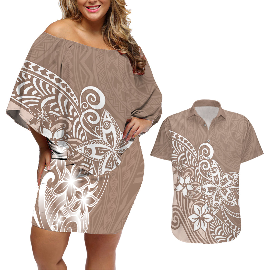 Polynesia Couples Matching Off Shoulder Short Dress and Hawaiian Shirt Plumeria Beige Curves LT7 Beige - Polynesian Pride