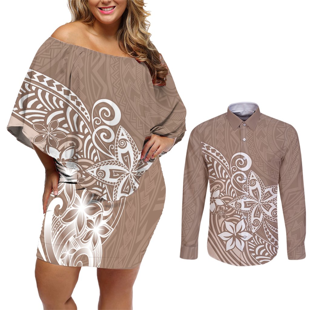 Polynesia Couples Matching Off Shoulder Short Dress and Long Sleeve Button Shirts Plumeria Beige Curves LT7 Beige - Polynesian Pride
