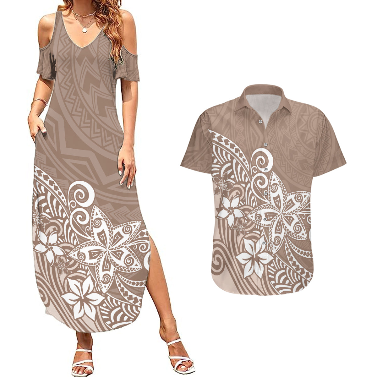 Polynesia Couples Matching Summer Maxi Dress and Hawaiian Shirt Plumeria Beige Curves LT7 Beige - Polynesian Pride