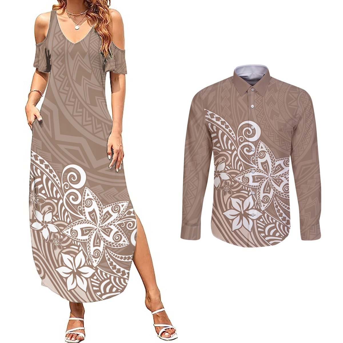 Polynesia Couples Matching Summer Maxi Dress and Long Sleeve Button Shirts Plumeria Beige Curves LT7 Beige - Polynesian Pride