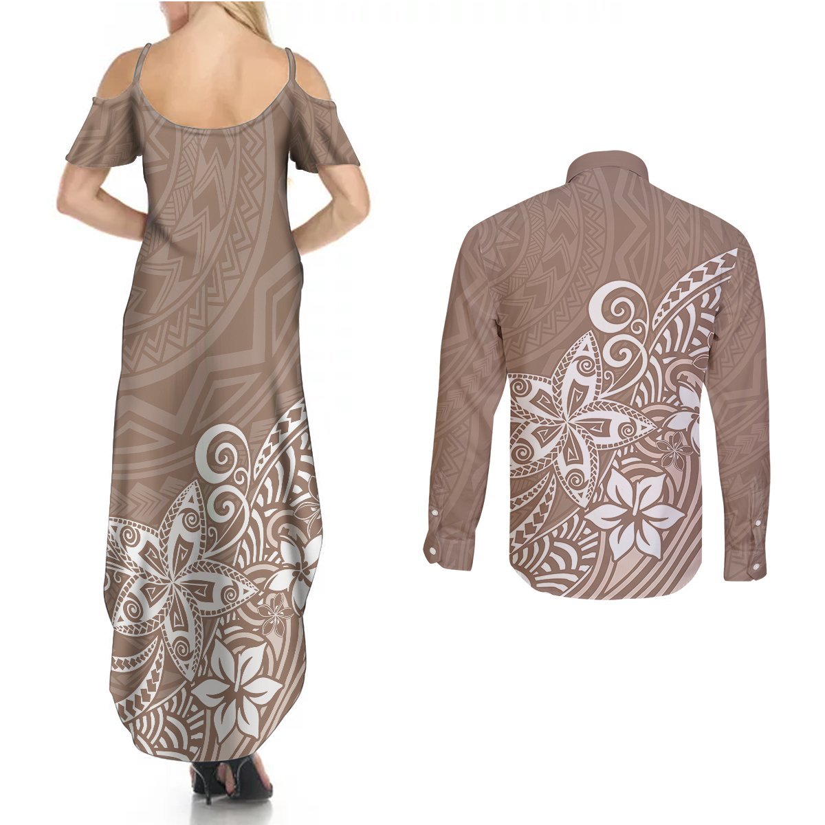 Polynesia Couples Matching Summer Maxi Dress and Long Sleeve Button Shirts Plumeria Beige Curves LT7 - Polynesian Pride