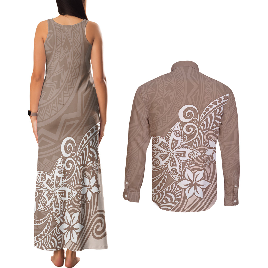 Polynesia Couples Matching Tank Maxi Dress and Long Sleeve Button Shirts Plumeria Beige Curves LT7 - Polynesian Pride