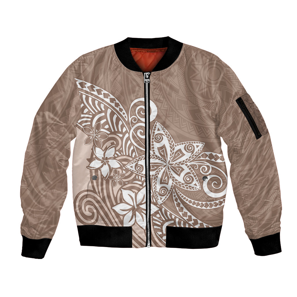 Polynesia Sleeve Zip Bomber Jacket Plumeria Beige Curves LT7 Unisex Beige - Polynesian Pride