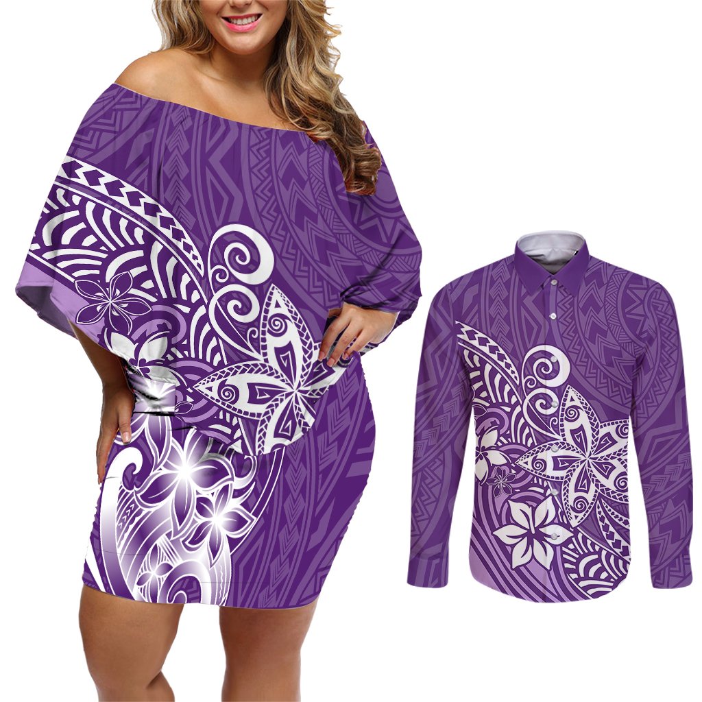 Polynesia Couples Matching Off Shoulder Short Dress and Long Sleeve Button Shirts Plumeria Purple Curves LT7 Purple - Polynesian Pride