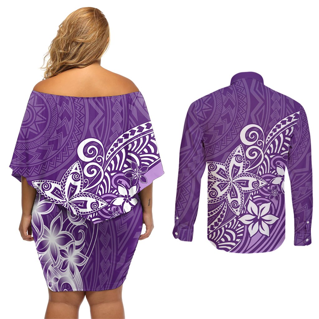 Polynesia Couples Matching Off Shoulder Short Dress and Long Sleeve Button Shirts Plumeria Purple Curves LT7 - Polynesian Pride