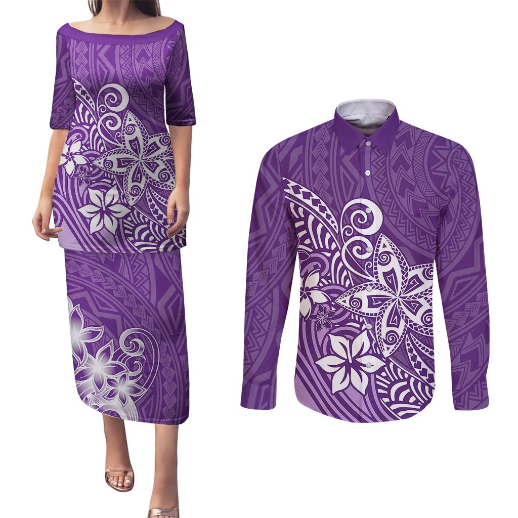 Polynesia Couples Matching Puletasi Dress and Long Sleeve Button Shirts Plumeria Purple Curves LT7 Purple - Polynesian Pride