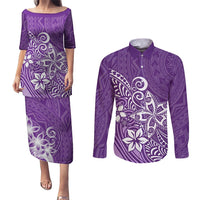 Polynesia Couples Matching Puletasi Dress and Long Sleeve Button Shirts Plumeria Purple Curves LT7 Purple - Polynesian Pride