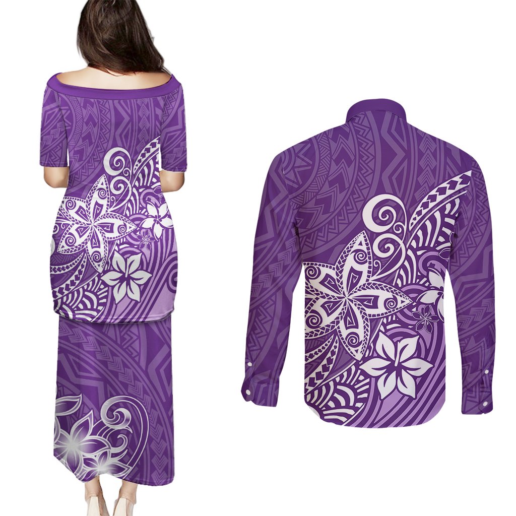 Polynesia Couples Matching Puletasi Dress and Long Sleeve Button Shirts Plumeria Purple Curves LT7 - Polynesian Pride