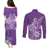 Polynesia Couples Matching Puletasi Dress and Long Sleeve Button Shirts Plumeria Purple Curves LT7 - Polynesian Pride