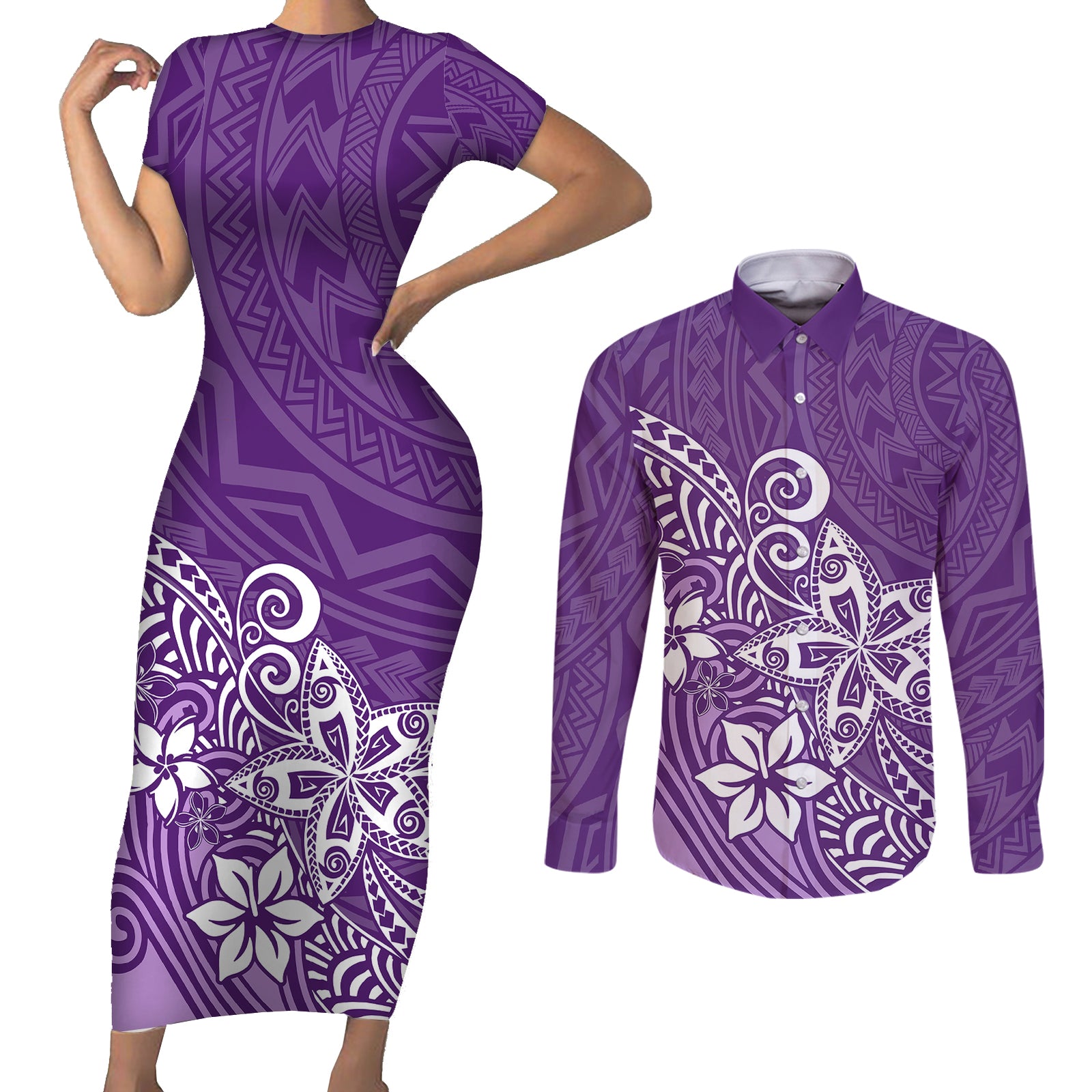 Polynesia Couples Matching Short Sleeve Bodycon Dress and Long Sleeve Button Shirts Plumeria Purple Curves LT7 Purple - Polynesian Pride