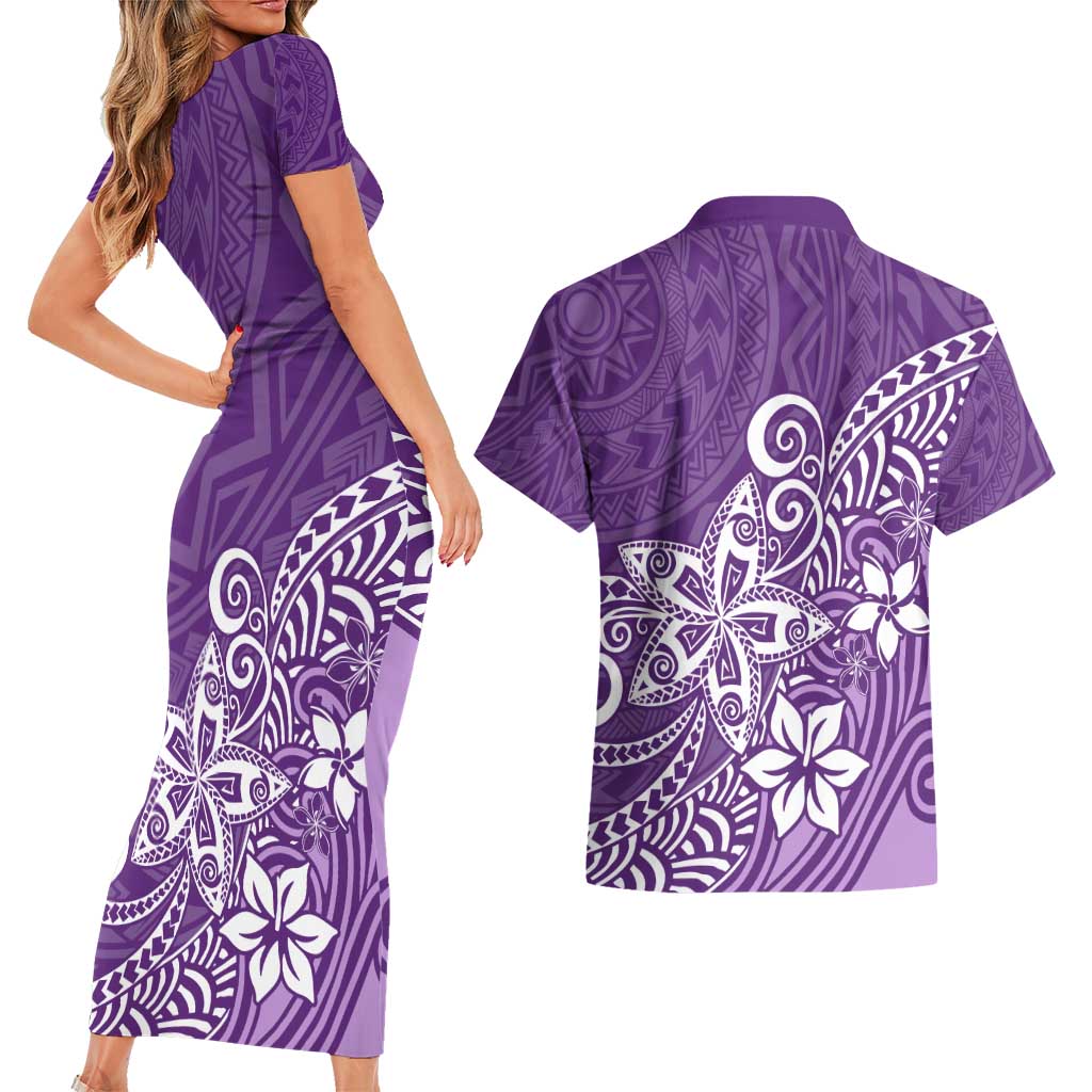 Polynesia Couples Matching Short Sleeve Bodycon Dress and Hawaiian Shirt Plumeria Purple Curves LT7