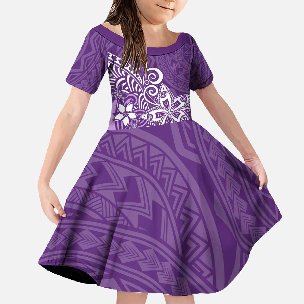 Hawaii Family Matching Outfits Polynesia Off Shoulder Long Sleeve Dress And Shirt Family Set Clothes Plumeria Purple Curves LT7