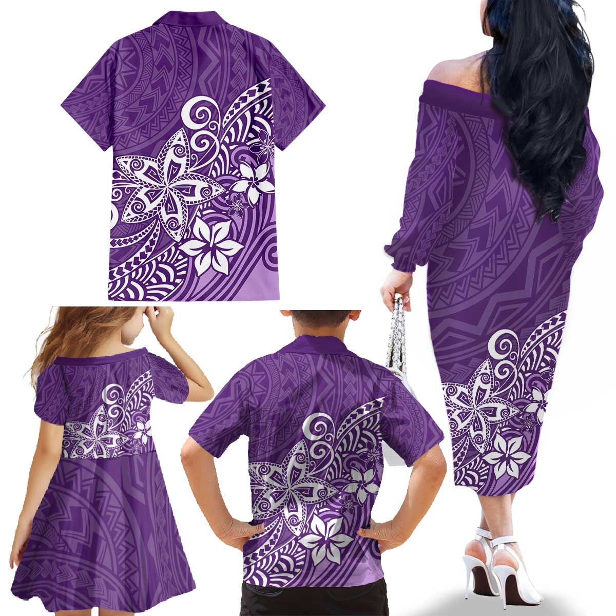 Hawaii Family Matching Outfits Polynesia Off Shoulder Long Sleeve Dress And Shirt Family Set Clothes Plumeria Purple Curves LT7