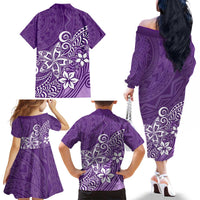 Hawaii Family Matching Outfits Polynesia Off Shoulder Long Sleeve Dress And Shirt Family Set Clothes Plumeria Purple Curves LT7