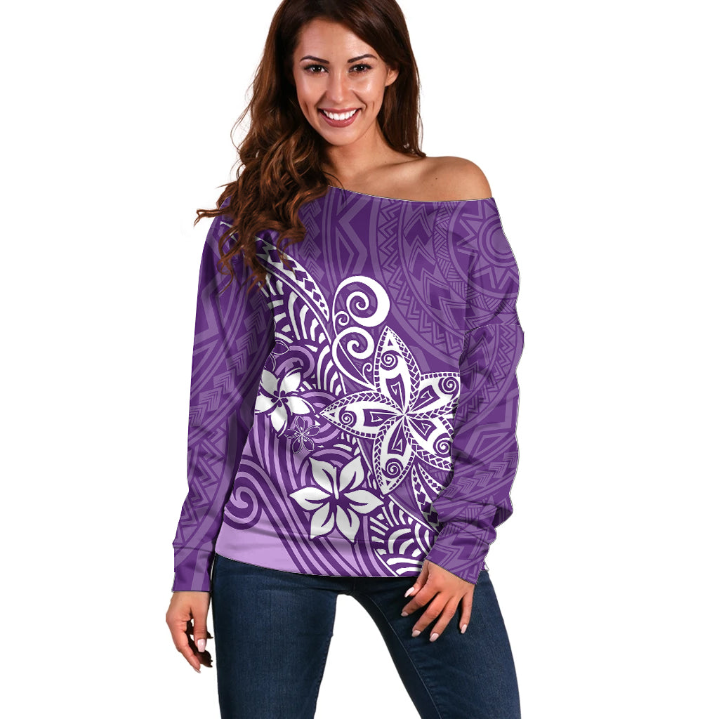 Polynesia Off Shoulder Sweater Plumeria Purple Curves LT7 Women Purple - Polynesian Pride