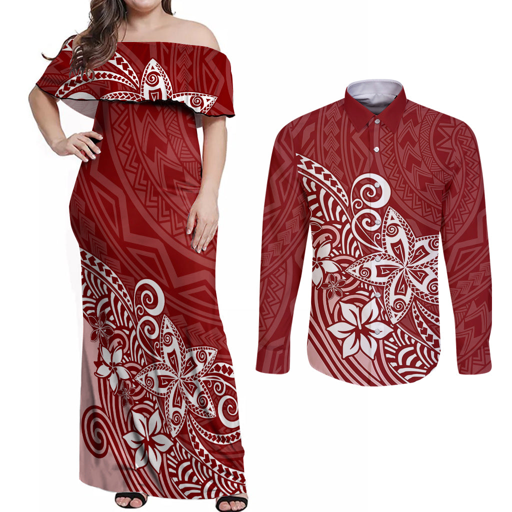 Polynesia Couples Matching Off Shoulder Maxi Dress and Long Sleeve Button Shirts Plumeria Red Curves LT7 Red - Polynesian Pride