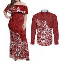Polynesia Couples Matching Off Shoulder Maxi Dress and Long Sleeve Button Shirts Plumeria Red Curves LT7 Red - Polynesian Pride