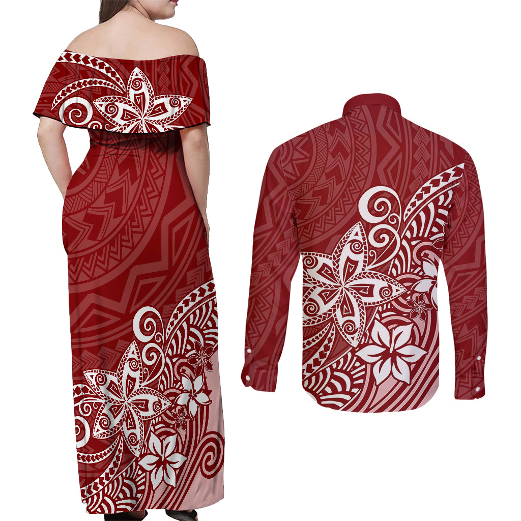 Polynesia Couples Matching Off Shoulder Maxi Dress and Long Sleeve Button Shirts Plumeria Red Curves LT7 - Polynesian Pride