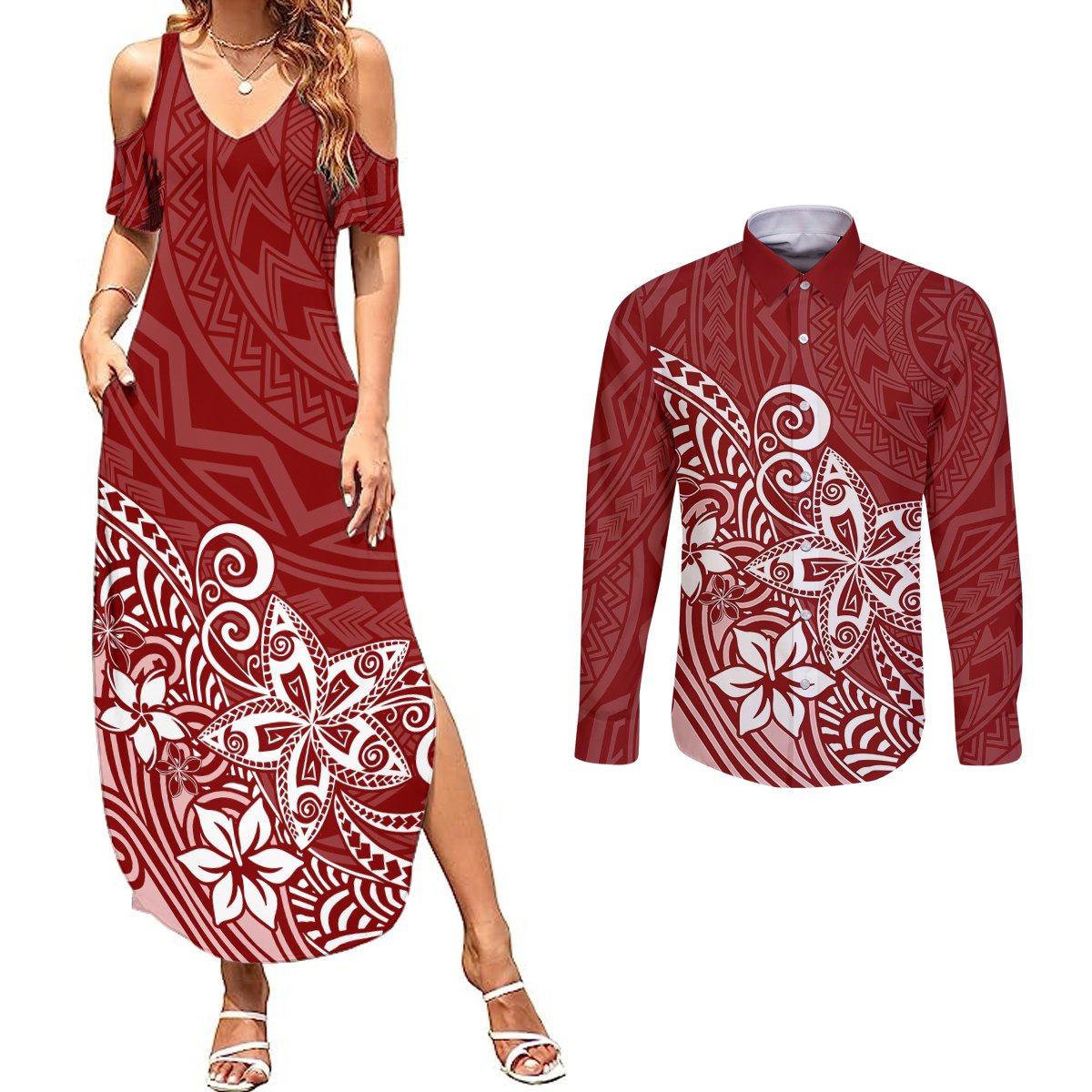 Polynesia Couples Matching Summer Maxi Dress and Long Sleeve Button Shirts Plumeria Red Curves LT7 Red - Polynesian Pride