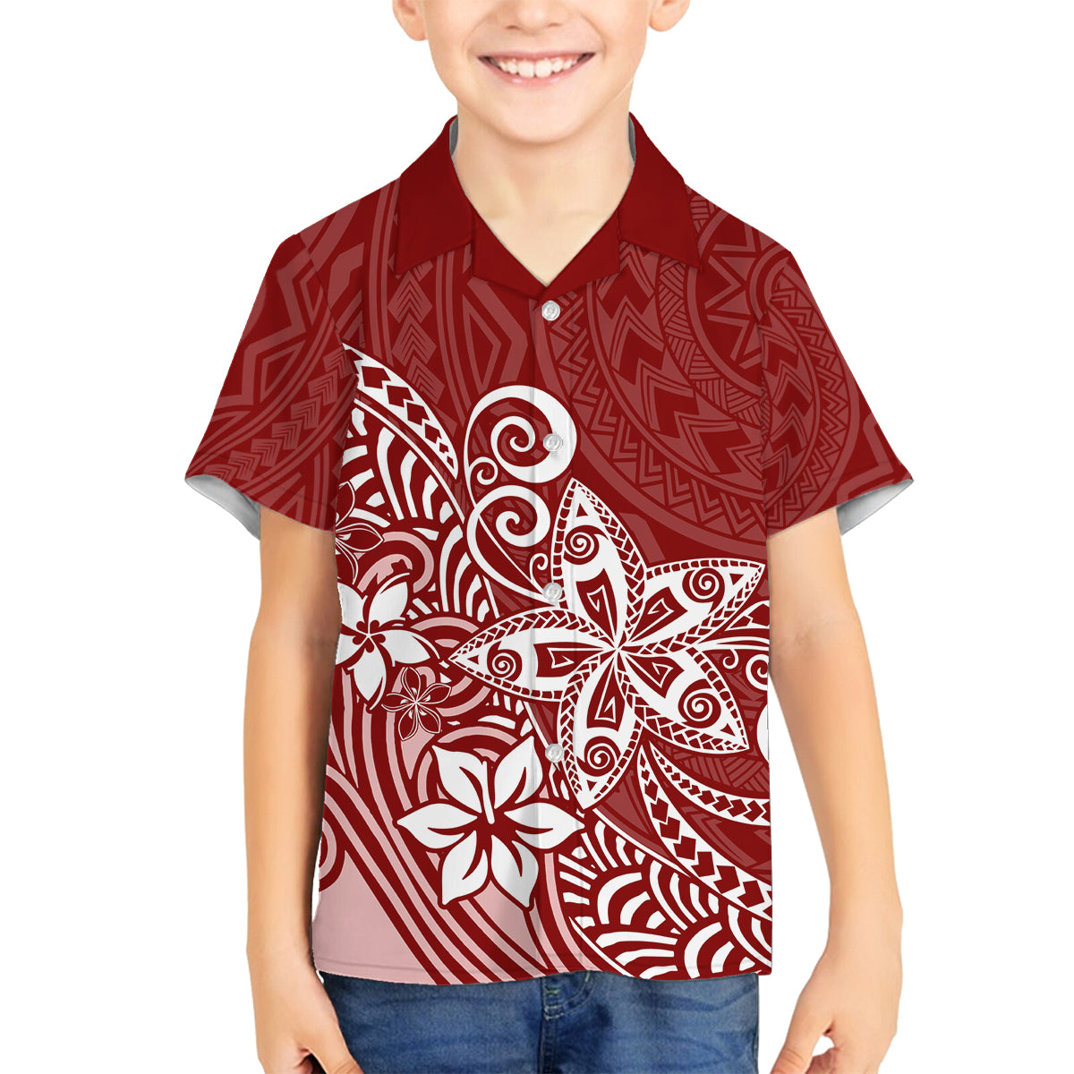 Hawaii Family Matching Outfits Polynesia Summer Maxi Dress And Shirt Family Set Clothes Plumeria Red Curves LT7 Son's Shirt Red - Polynesian Pride