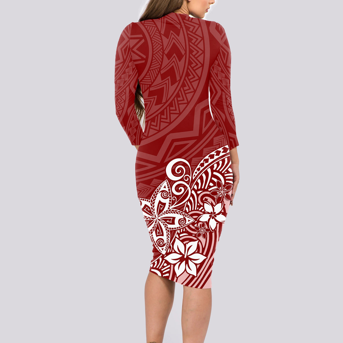 Polynesia Long Sleeve Bodycon Dress Plumeria Red Curves LT7 - Polynesian Pride