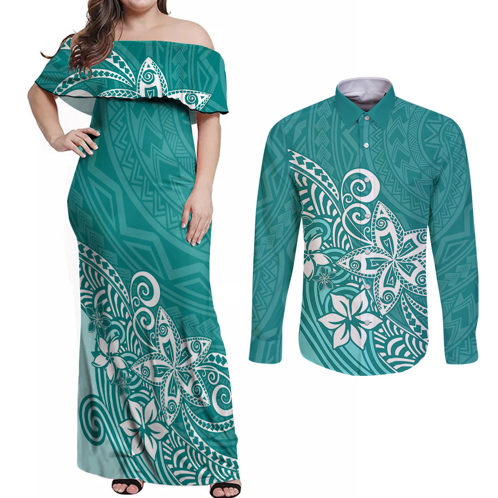 Polynesia Couples Matching Off Shoulder Maxi Dress and Long Sleeve Button Shirts Plumeria Teal Curves LT7 Teal - Polynesian Pride