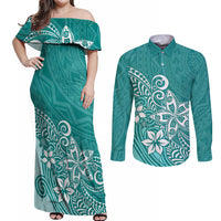 Polynesia Couples Matching Off Shoulder Maxi Dress and Long Sleeve Button Shirts Plumeria Teal Curves LT7 Teal - Polynesian Pride